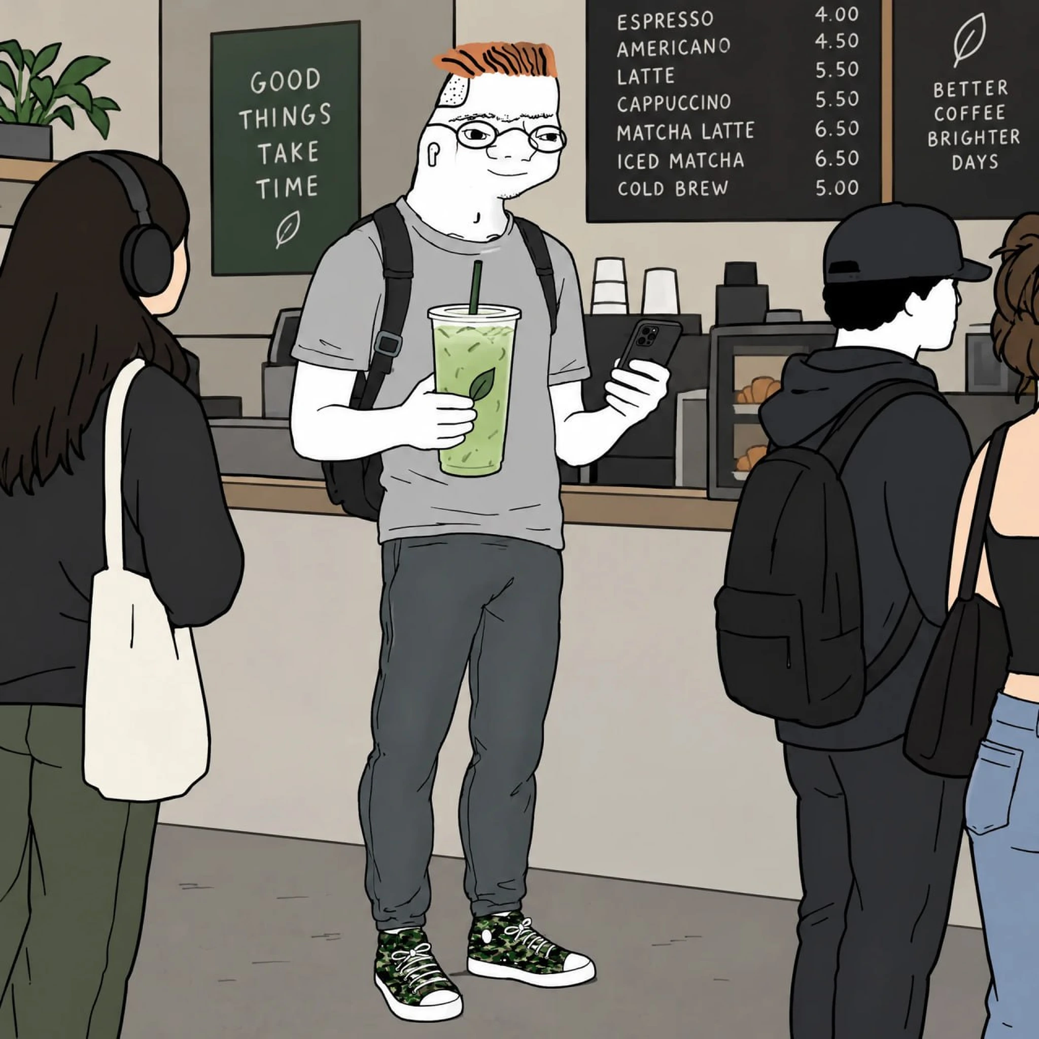 Zoomer at his local café with an iced matcha and his phone