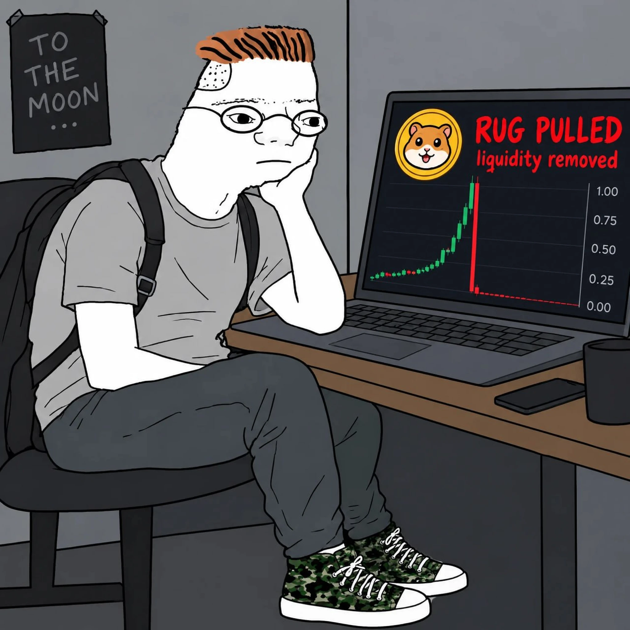 Zoomer reacting to a failed fictional meme coin on his laptop