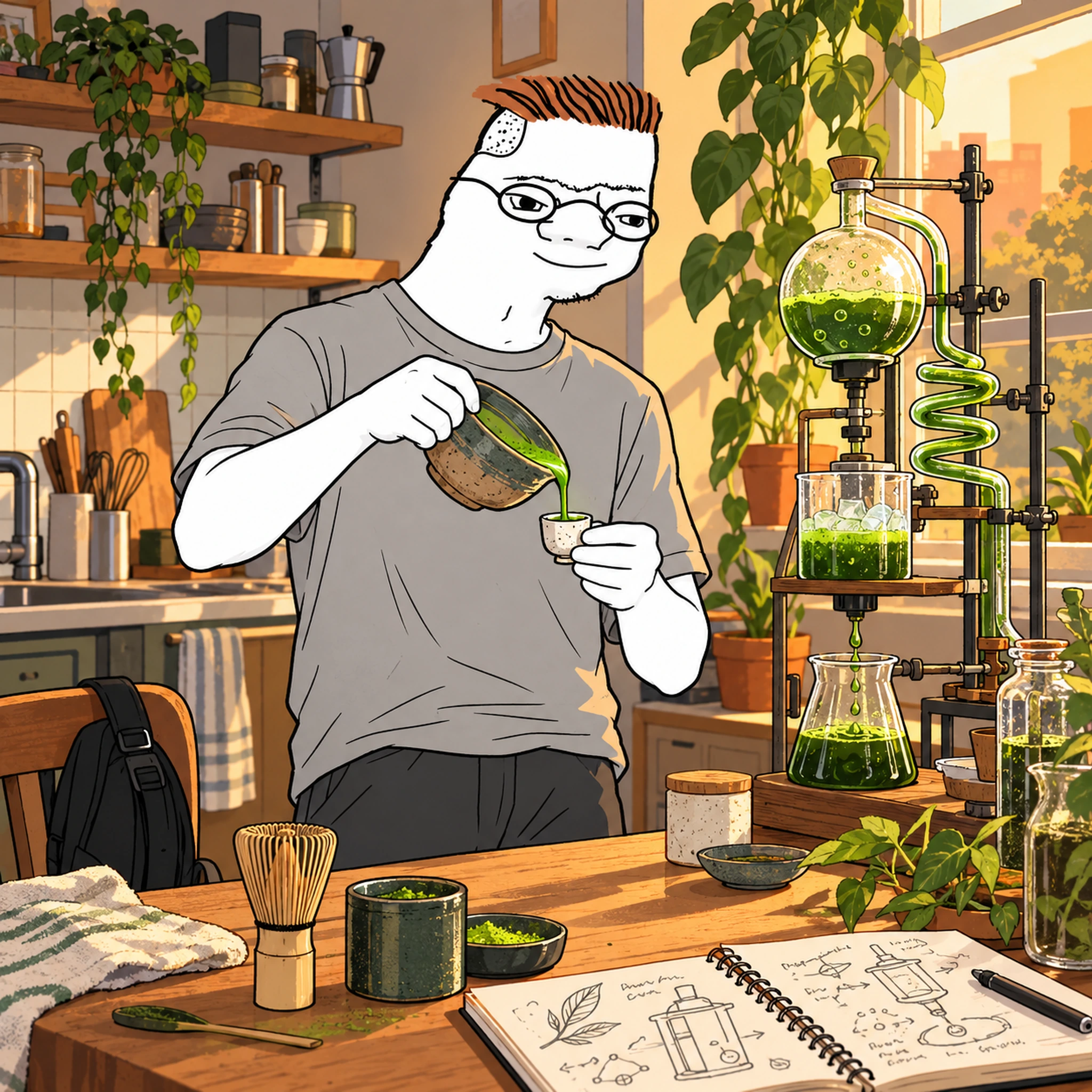 Zoomer brewing a tiny cup of matcha beside an elaborate green-tea apparatus in his kitchen
