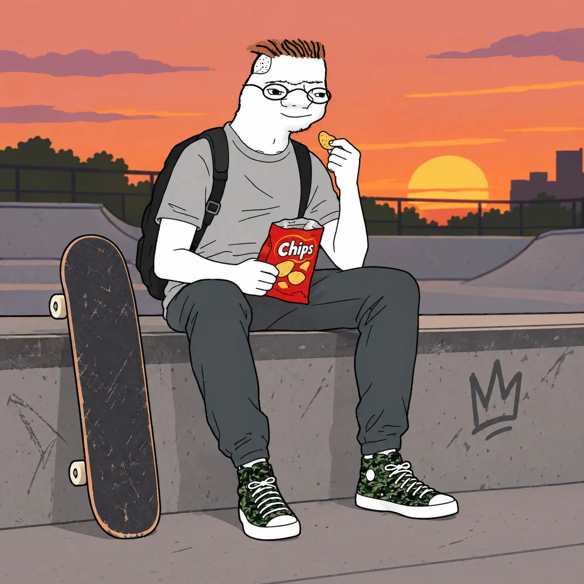 Zoomer eating chips beside his skateboard at sunset