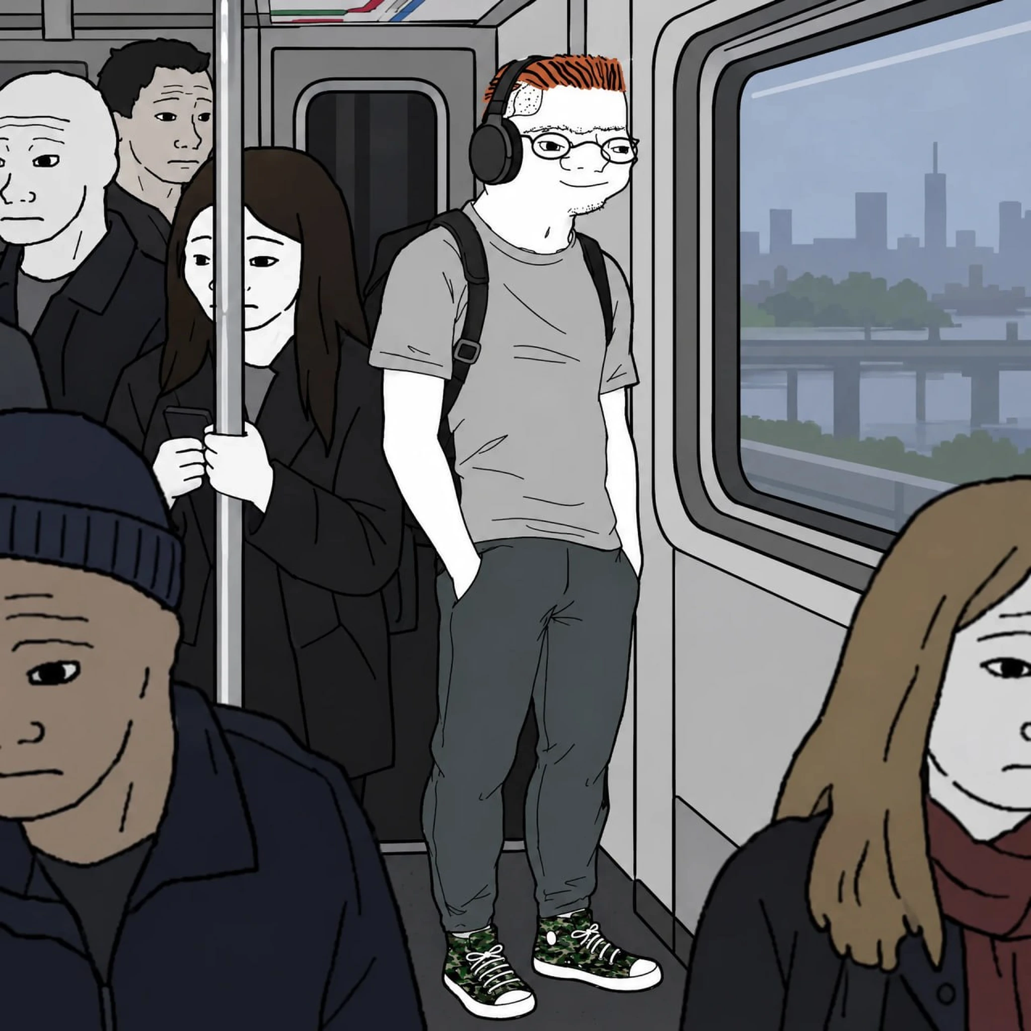 Zoomer wearing headphones on a busy city train
